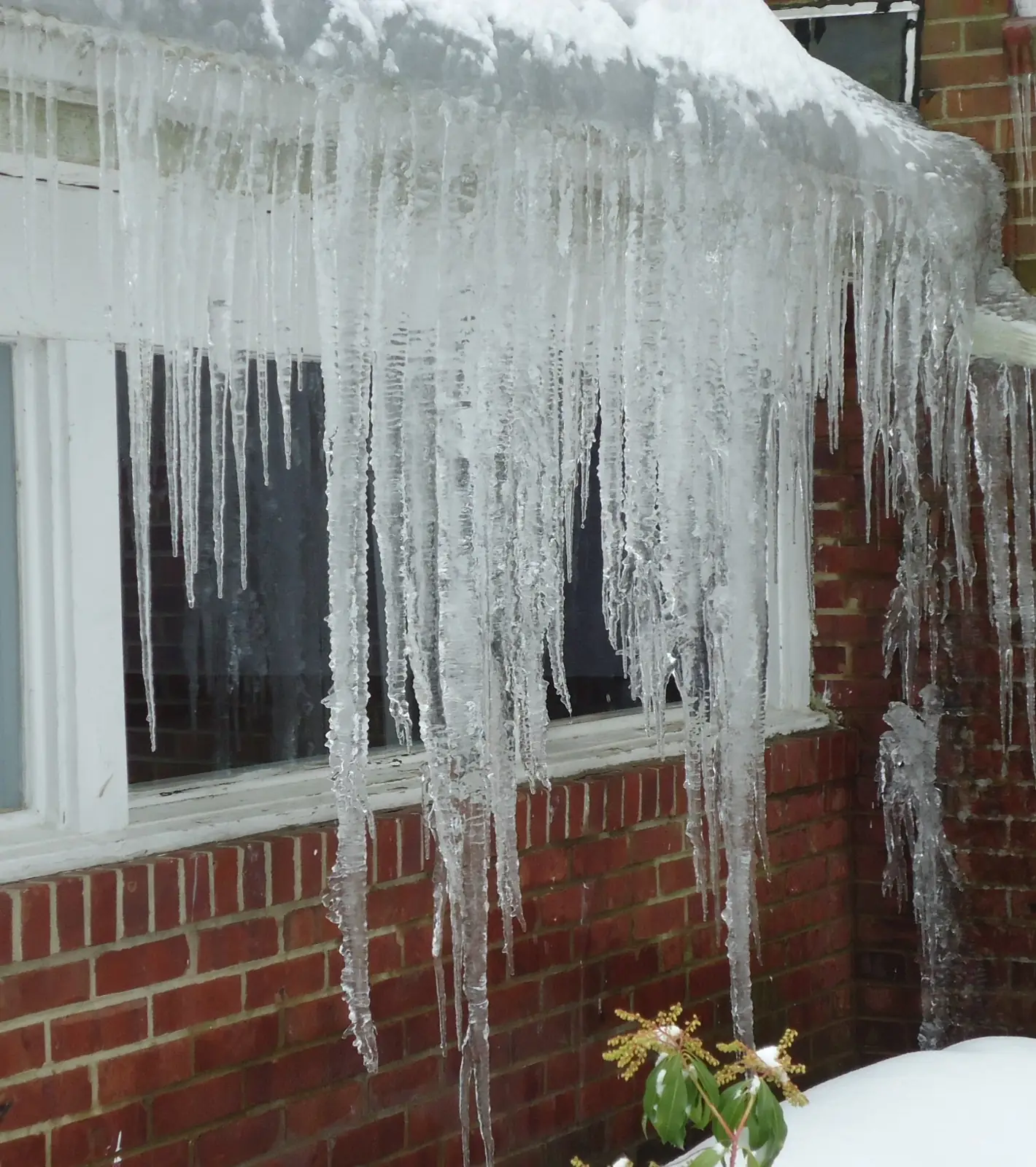 Large icicles hanging from a roof edge