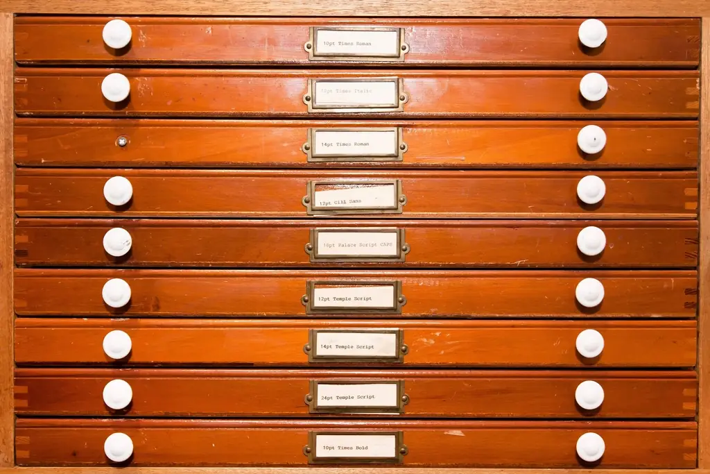 Drawers of a letterpress type cabinet